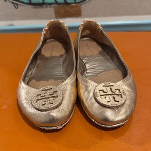 Tory Burch Minnie Travel Ballet Flat Gold Metallic – size 8